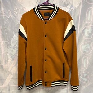 Men's Tan Varsity Jacket with Black and White Accents